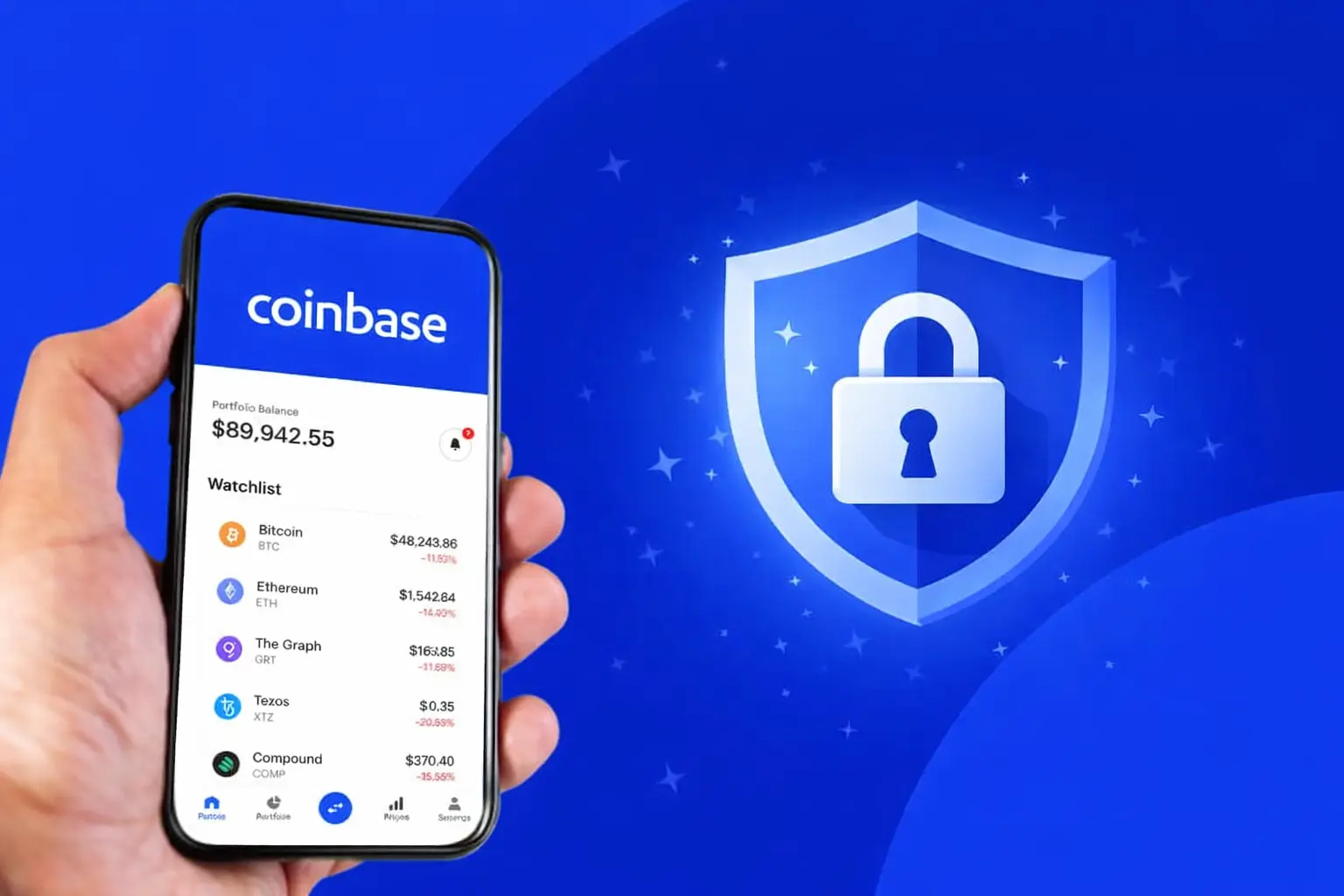 White-label Coinbase app interface on smartphone with security shield icon showing protected crypto portfolio