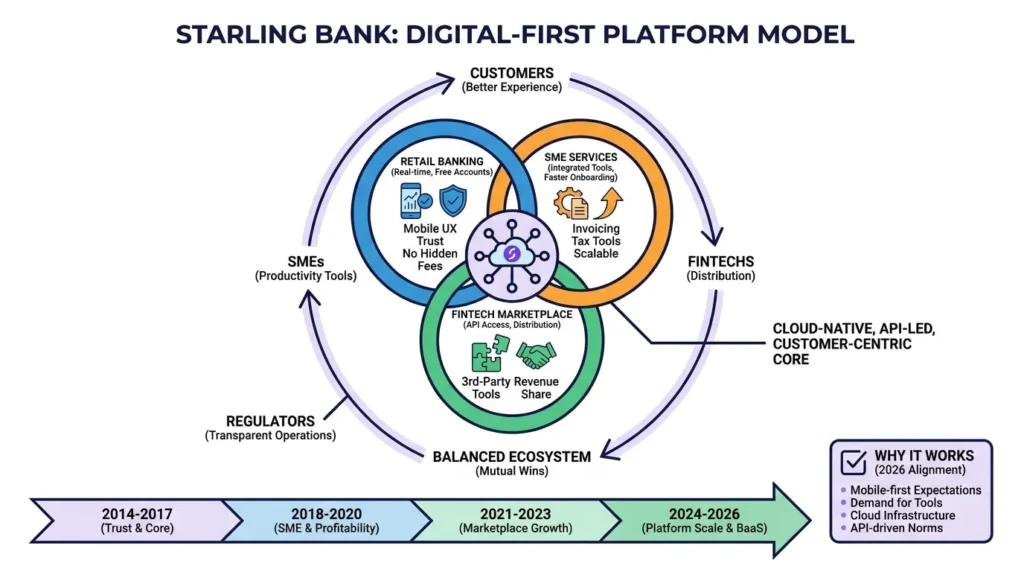Business Model of Starling Bank: Complete Strategy Breakdown 2026 1 Infographic showing Starling Bank’s digital-first platform model with retail banking, SME services, fintech marketplace, API-led ecosystem, customers, SMEs, fintech partners, regulators, and 2026 platform growth.