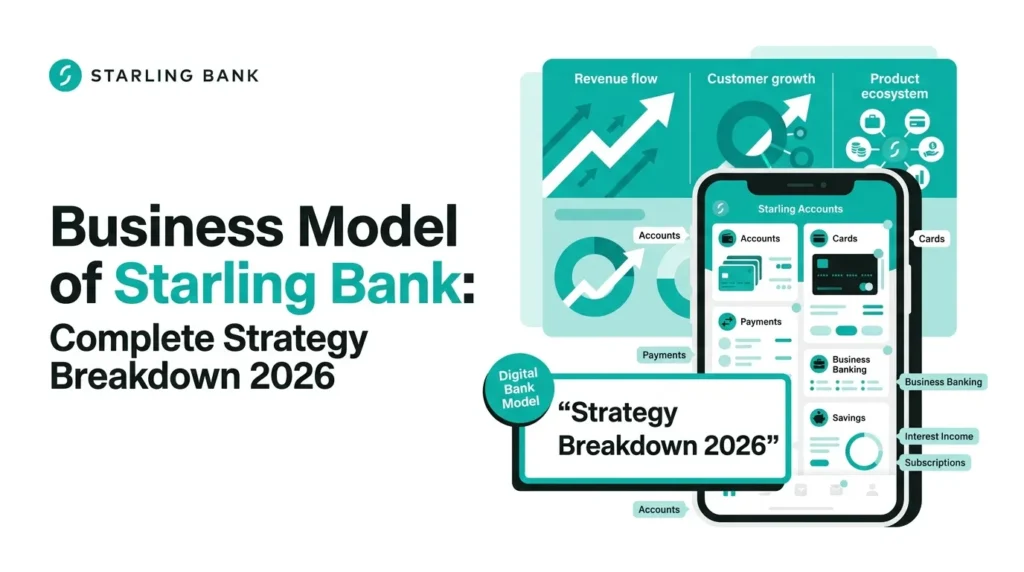 Starling Bank business model banner showing a digital banking app with accounts, cards, payments, business banking, savings, revenue flow, customer growth, product ecosystem, interest income, and subscriptions.