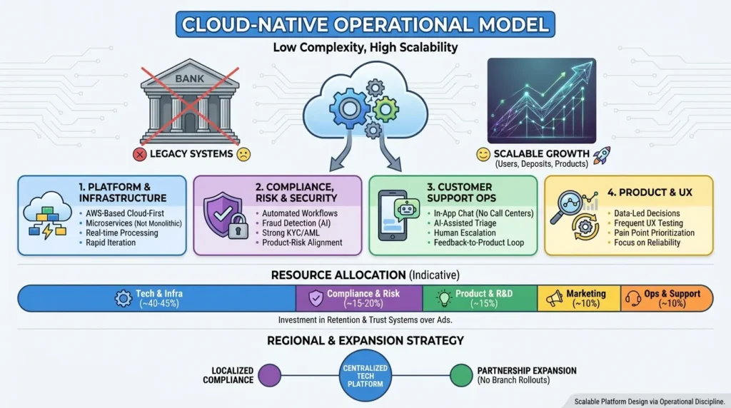 Business Model of Starling Bank: Complete Strategy Breakdown 2026 2 Infographic showing Starling Bank cloud-native operational model with platform infrastructure, compliance, risk, security, customer support operations, product UX, resource allocation, and regional expansion strategy.