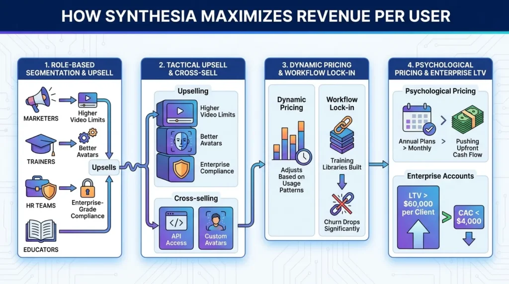 Infographic showing how Synthesia maximizes revenue per user through role-based segmentation, upsells, cross-selling, dynamic pricing, workflow lock-in, annual plans, enterprise accounts, LTV growth, and CAC optimization.