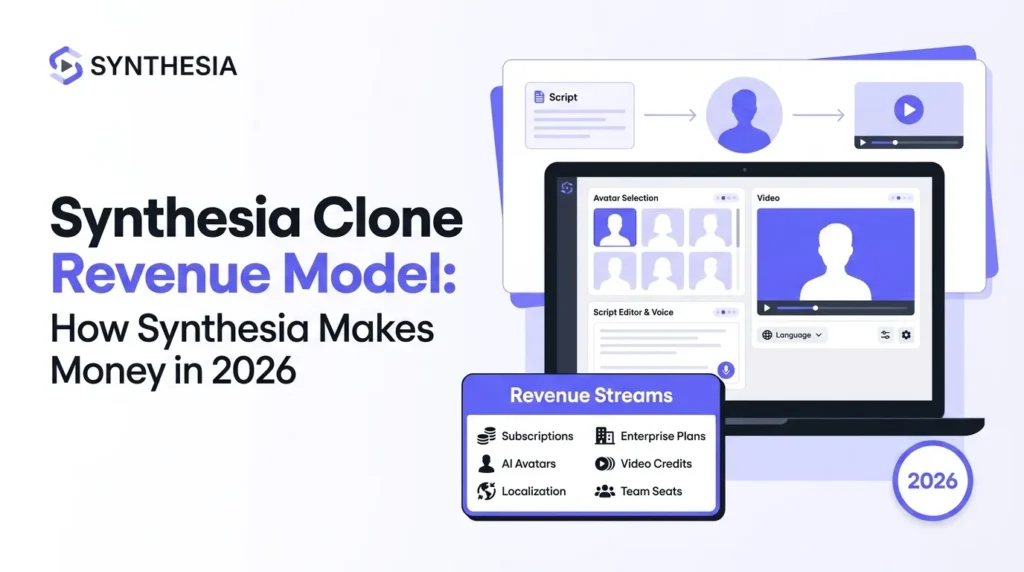 Synthesia revenue model banner showing an AI video generation platform with avatar selection, script editor, voice tools, video preview, language options, subscriptions, enterprise plans, AI avatars, video credits, localization, and team seats.