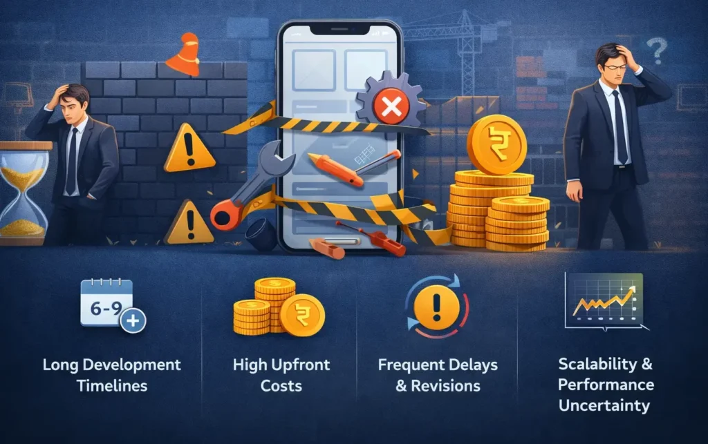 Illustration showing the problems of traditional app development including long timelines, high upfront costs, frequent delays, and scalability uncertainty.