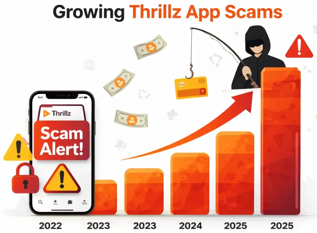 Growing Thrillz app scams bar graph from 2022 to 2025 showing increasing fraud risk with scam alert icons