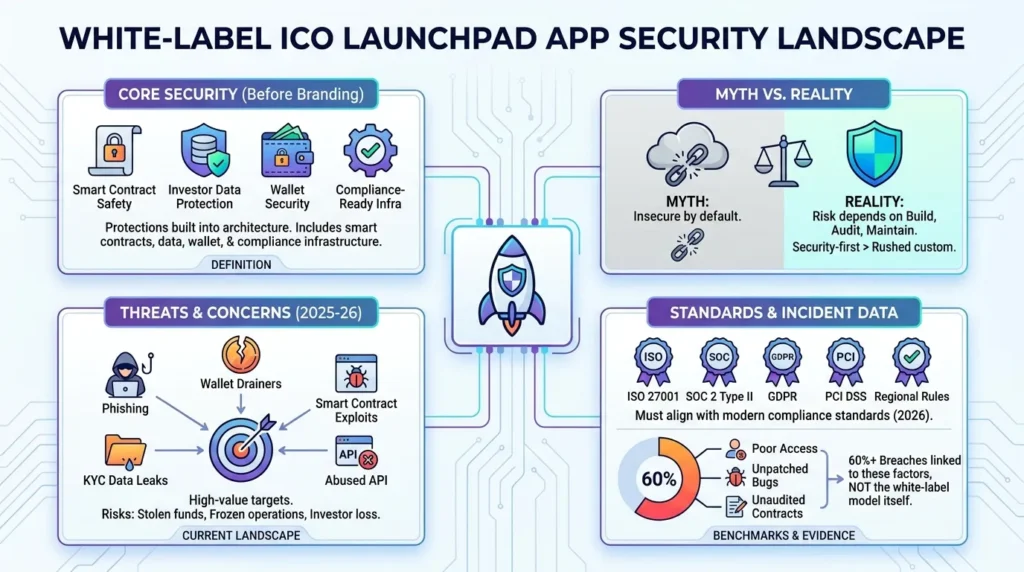 How Safe is a White-Label ICO Launchpad App? Security Guide 2026 1 Infographic showing white-label ICO launchpad app security landscape with smart contract safety, investor data protection, wallet security, compliance-ready infrastructure, phishing risks, wallet drainers, KYC leaks, API abuse, and security standards.