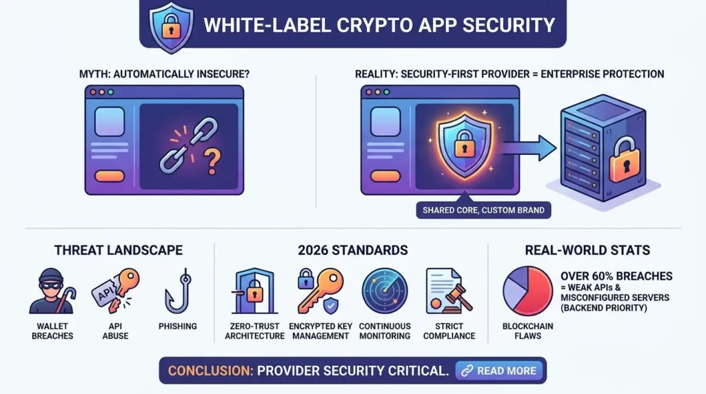 Infographic showing white-label crypto app security with myth versus reality, enterprise protection, shared core custom branding, wallet breaches, API abuse, phishing, zero-trust architecture, encrypted key management, monitoring, compliance, and breach risk stats.