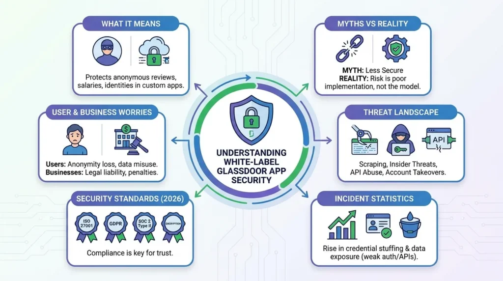 How Safe is a White-Label Glassdoor App? Security Guide 2026 1 Infographic explaining white-label Glassdoor app security with anonymous review protection, salary and identity privacy, user and business risks, myths versus reality, threat landscape, scraping, insider threats, API abuse, account takeovers, compliance standards, and incident statistics.
