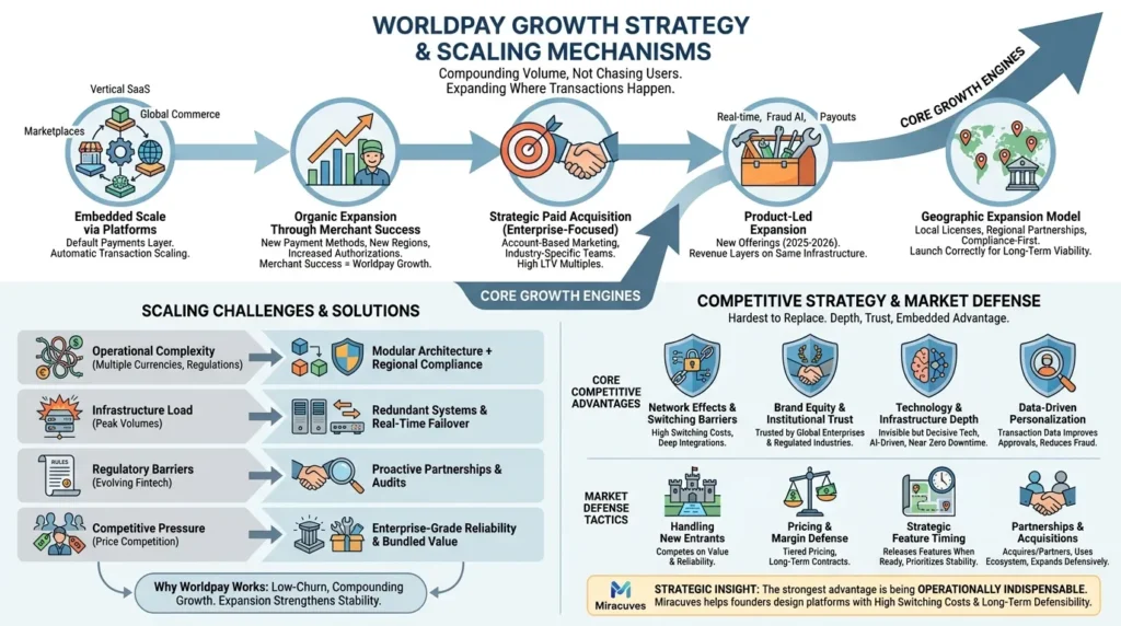 Business Model of Worldpay: Complete Strategy Breakdown 2026 2 Worldpay growth strategy infographic showing embedded scale via platforms, merchant expansion, paid acquisition, product-led expansion, geographic growth, scaling challenges, competitive defense, market defense tactics, and payment infrastructure advantages.