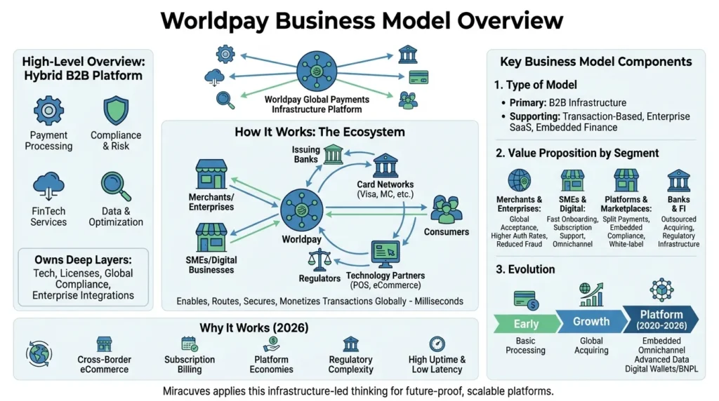 Business Model of Worldpay: Complete Strategy Breakdown 2026 1 Worldpay business model infographic showing hybrid B2B payment infrastructure, merchants, enterprises, banks, card networks, consumers, regulators, technology partners, payment processing, compliance, fintech services, data optimization, and embedded finance.
