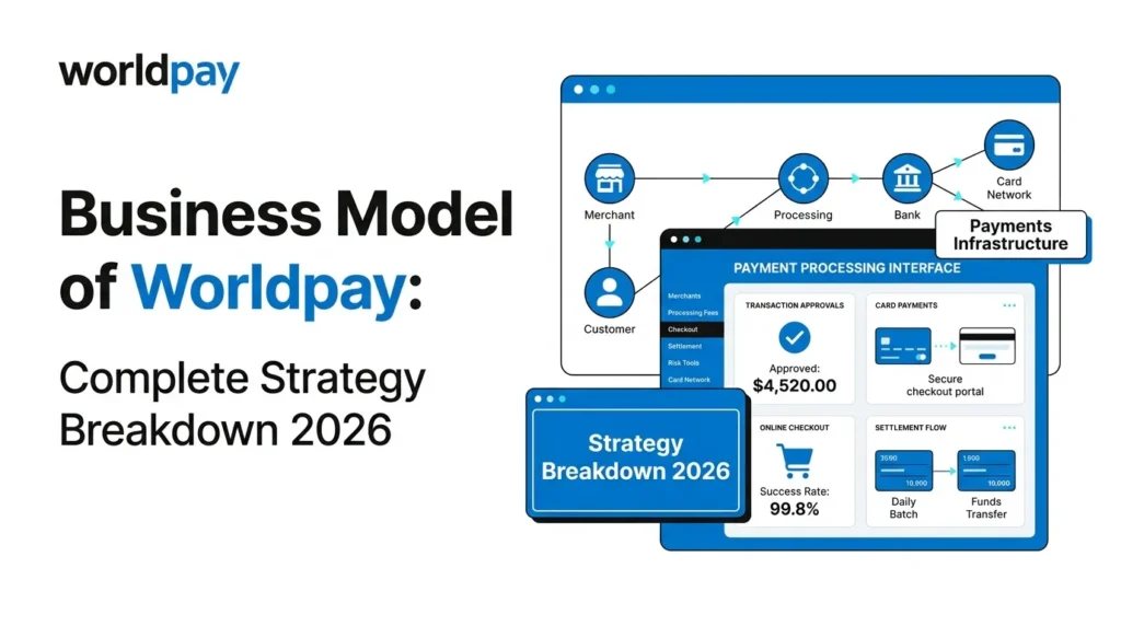Worldpay business model featured image showing payment processing interface, merchant and customer flow, bank and card network connections, secure checkout portal, transaction approvals, settlement flow, funds transfer, and payment infrastructure strategy.
