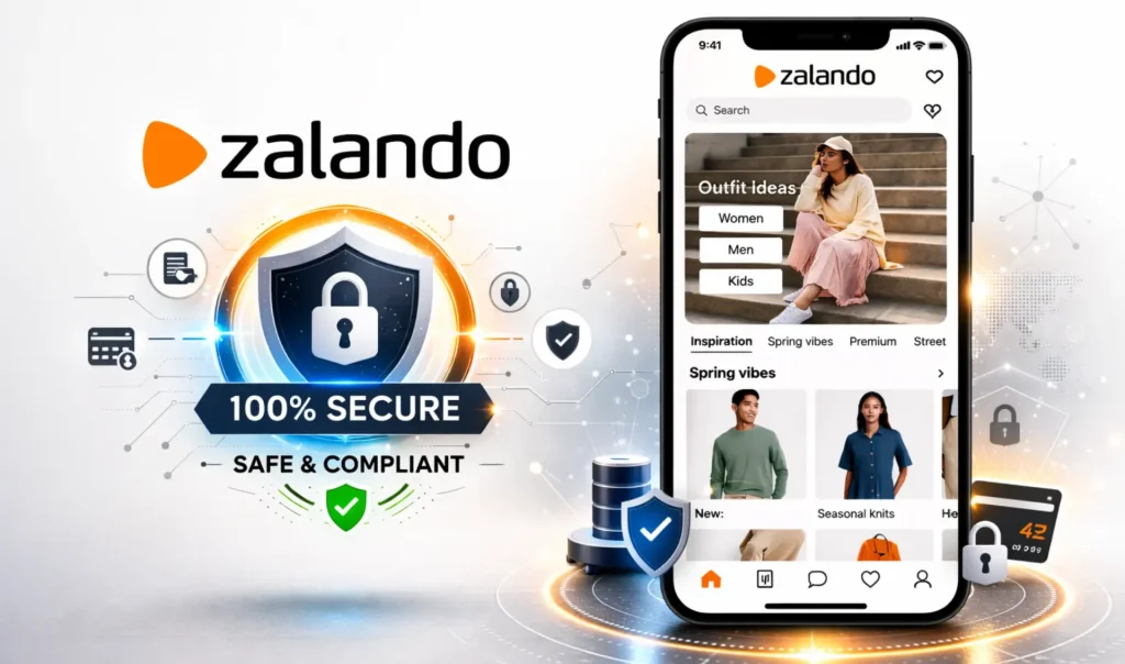 Zalando app interface displayed on smartphone with security shield and 100% secure compliant badge