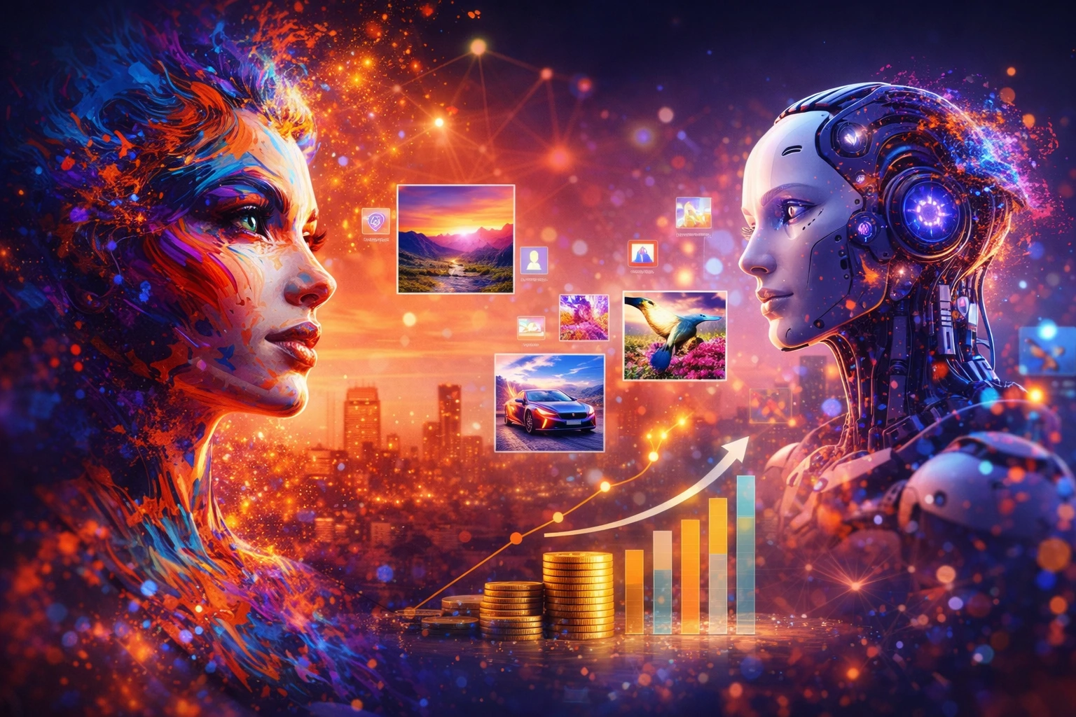 Creative AI platform visual showing how an Adobe Firefly–style generative design system transforms digital creativity into scalable subscription and usage-based revenue growth