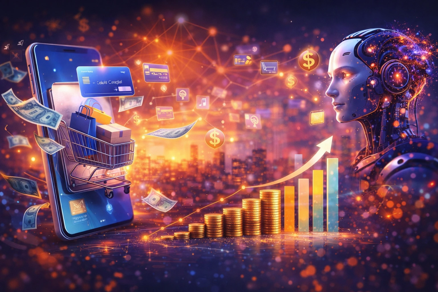 Futuristic BNPL platform visual showing how an Affirm-style buy now pay later system converts ecommerce transactions into scalable merchant and interest-based revenue growth