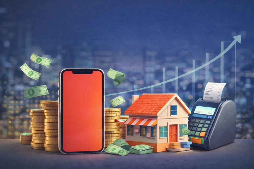 Creative illustration representing Angi revenue model with smartphone, home services elements, financial growth chart and transaction ecosystem