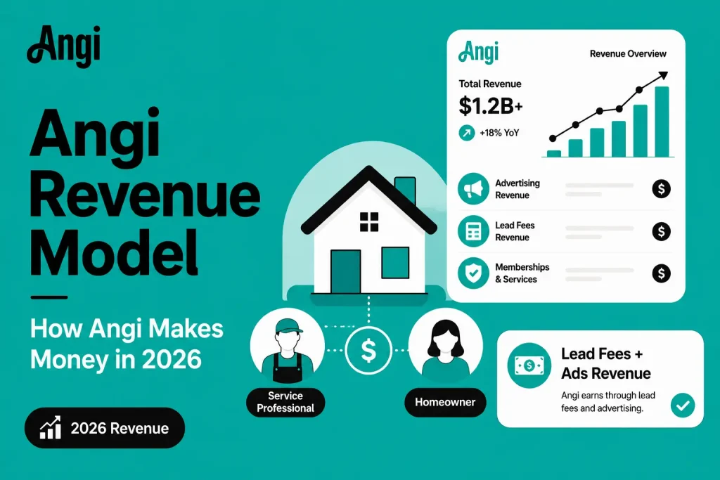 Featured image for Angi revenue model showing homeowner service marketplace, service professionals, lead fees, advertising revenue, memberships, and revenue growth overview.
