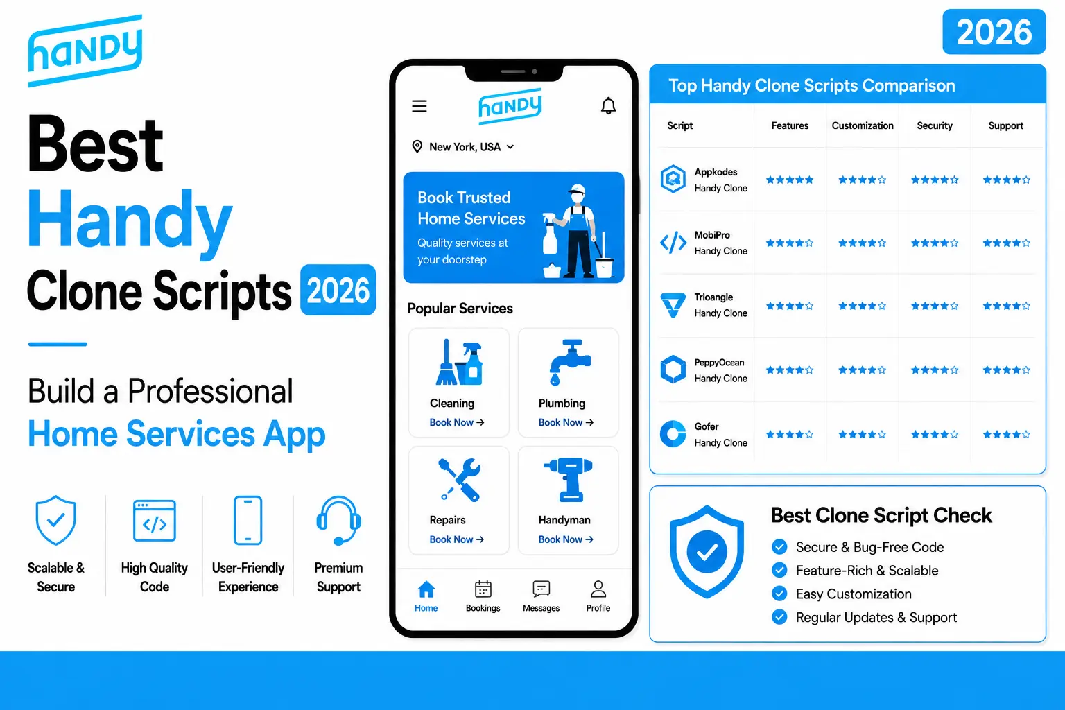 Handy clone script comparison featuring home service booking app, handyman services, cleaning, plumbing, and home services marketplace features