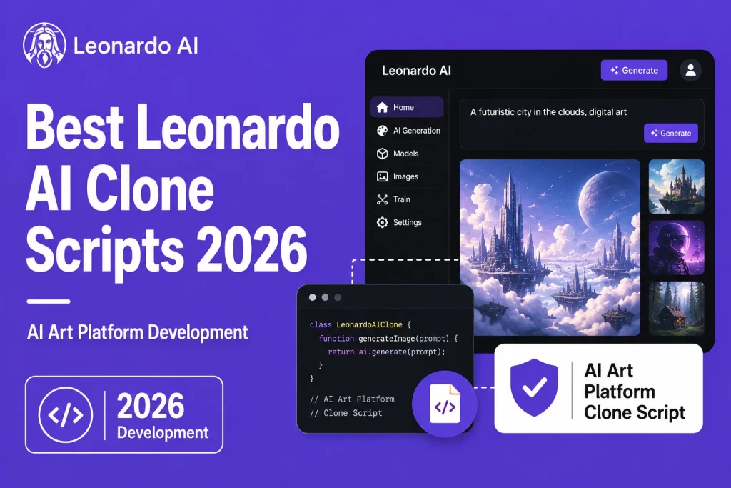 Featured image for best Leonardo AI clone scripts showing AI art platform development, image generation dashboard, prompt-based AI tools, model training, and clone script interface.
