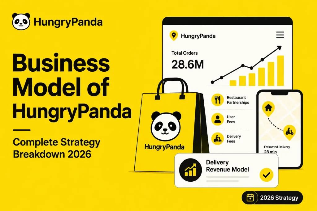 Featured image for Business Model of HungryPanda showing food delivery revenue model, total orders growth, restaurant partnerships, user fees, delivery fees, and 2026 strategy breakdown.