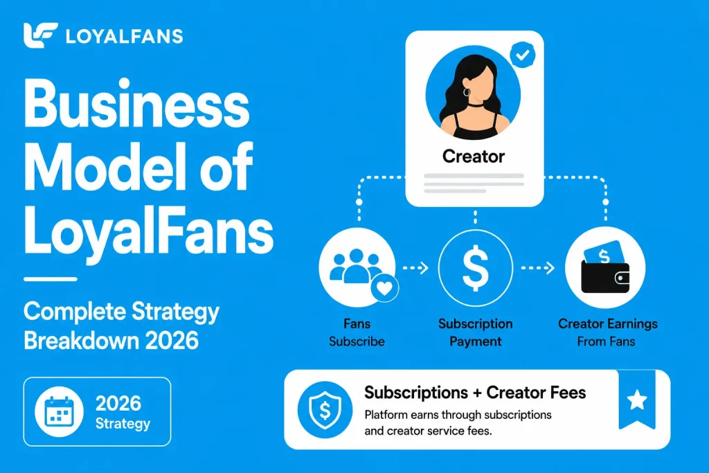 Featured image for Business Model of LoyalFans showing creator subscriptions, fan payments, creator earnings, platform fees, and subscription-based monetization strategy.