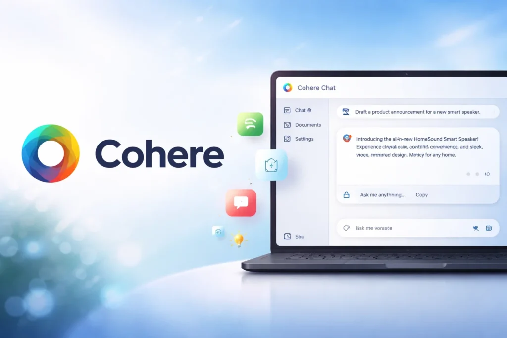 Cohere logo with Cohere Chat on laptop screen
