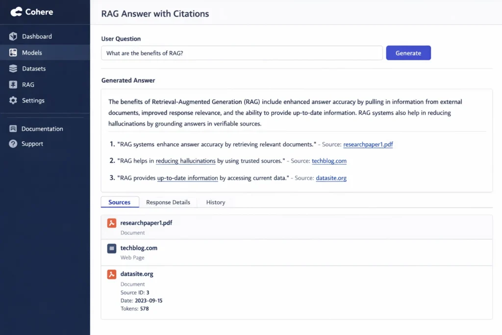 Cohere dashboard showing “RAG Answer with Citations,” with a user question (“What are the benefits of RAG?”), a generated answer, numbered citation snippets, and a sources list (PDF and web pages).