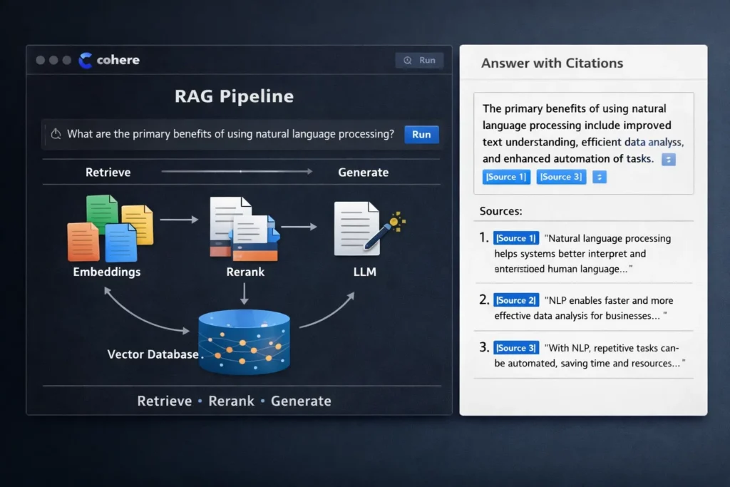 Cohere “RAG Pipeline” diagram showing Retrieve → Rerank → Generate flow (Embeddings, Vector Database, LLM) alongside an “Answer with Citations” panel listing Source 1–3.