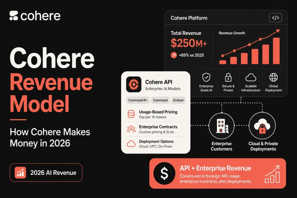 Featured image for Cohere revenue model showing AI platform revenue growth, API usage pricing, enterprise contracts, deployment options, private cloud infrastructure, and enterprise AI customers.