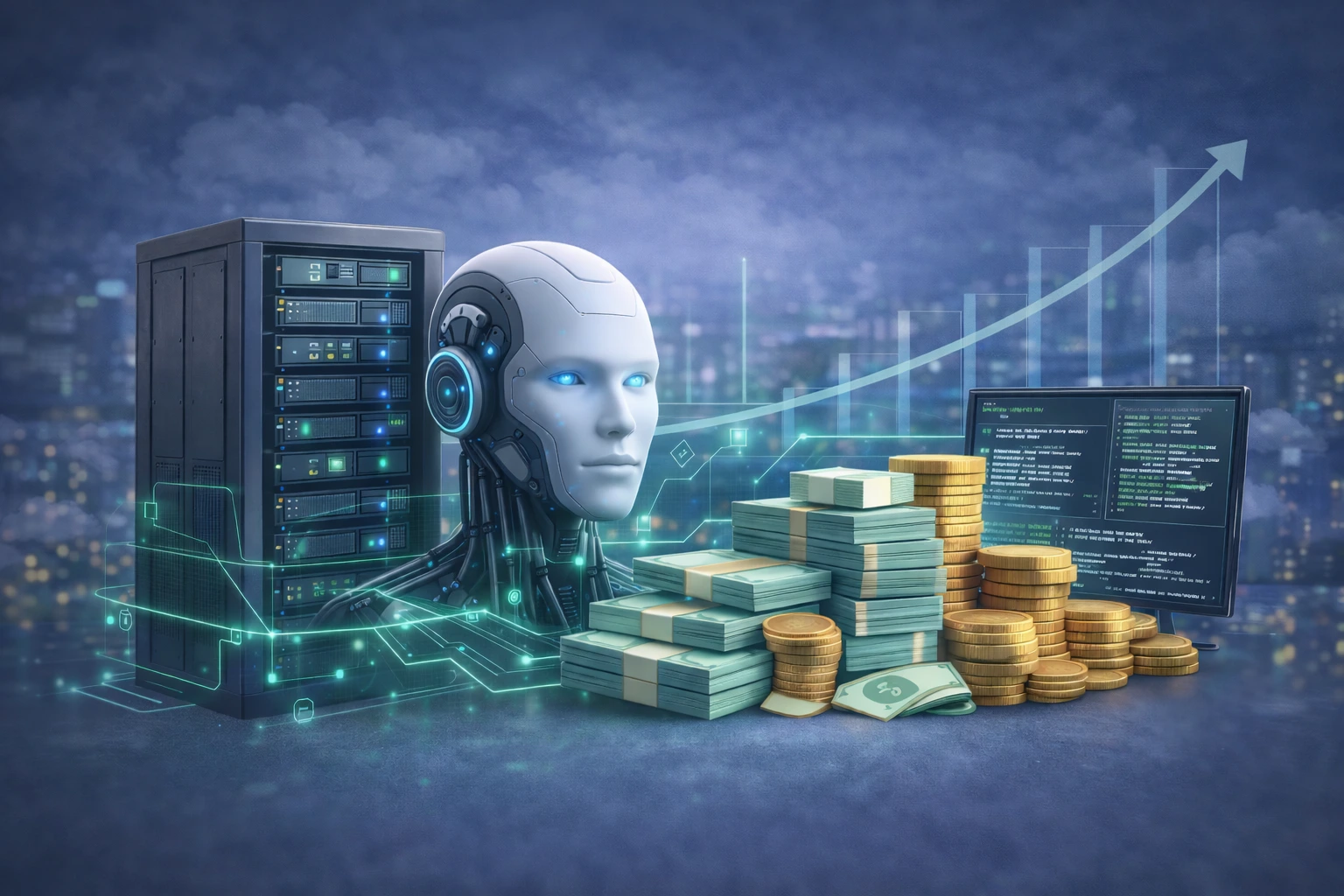 Enterprise AI infrastructure illustration showing large language model servers, AI processing system, financial growth elements and enterprise monetization concept