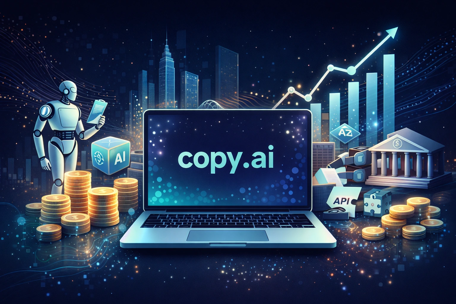AI-powered SaaS platform visual showing revenue growth, automation workflows, and enterprise monetization model inspired by Copy.ai