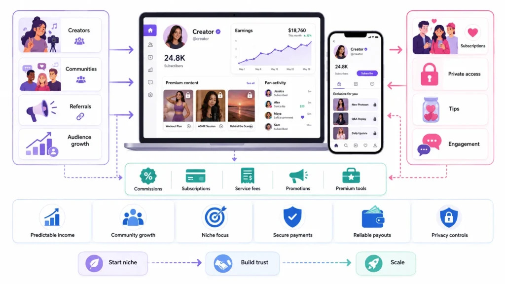 Creator subscription platform business model with creators, communities, subscriptions, tips, secure payments, and payouts