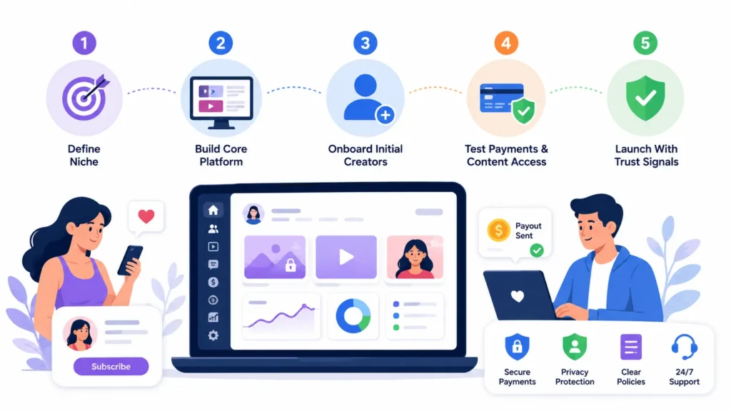 Creator subscription platform launch strategy from niche selection and creator onboarding to payments and trust