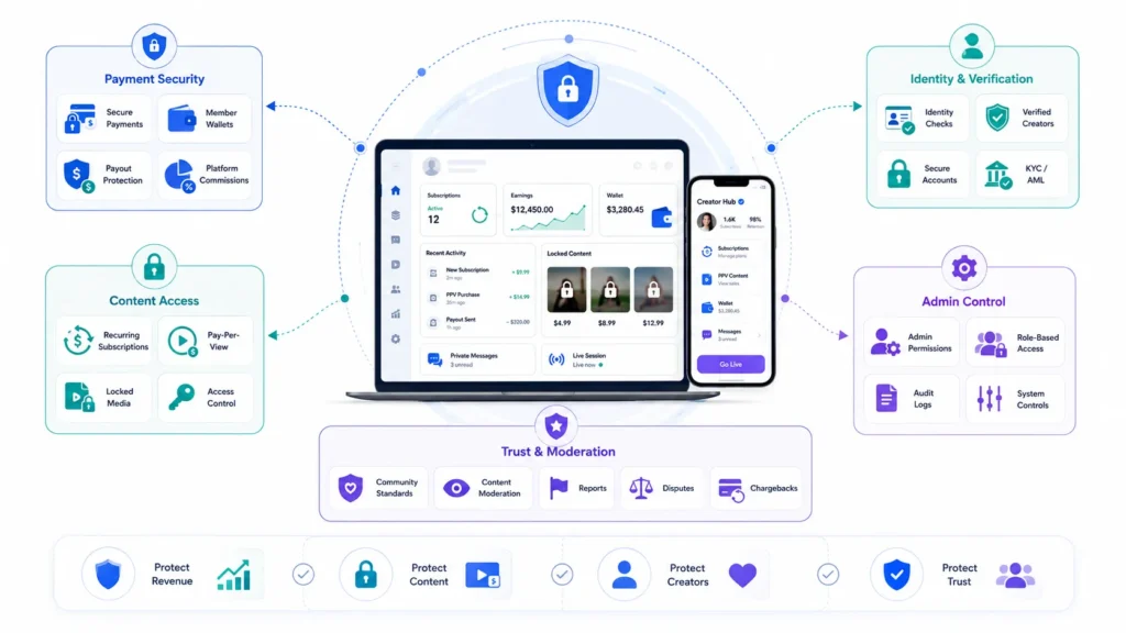 How Should Creator Subscription Platforms Protect Payments, Content, Accounts, and User Data? 1 Creator subscription platform security covering payments, content access, identity verification, admin controls, moderation, disputes, chargebacks, and creator protection