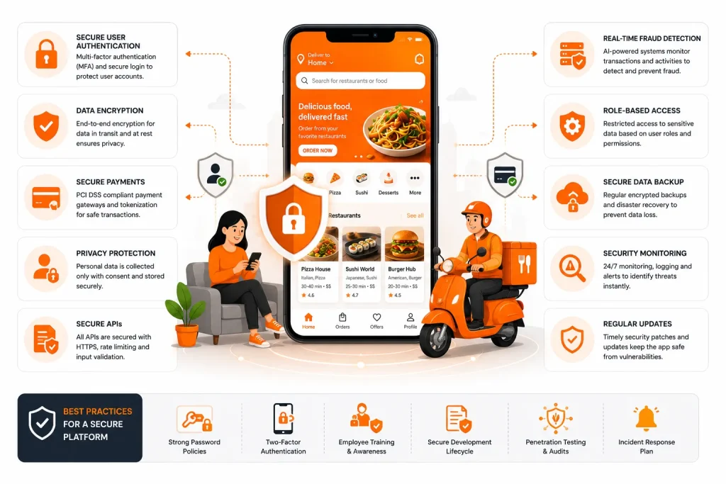 EatNow food delivery app security infographic showing MFA authentication, encrypted payments, fraud detection, secure APIs, and data protection practices