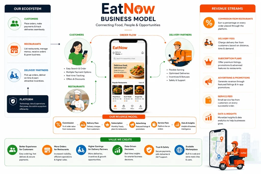 EatNow business model infographic showing customers, restaurants, delivery partners, revenue streams, and food delivery platform ecosystem