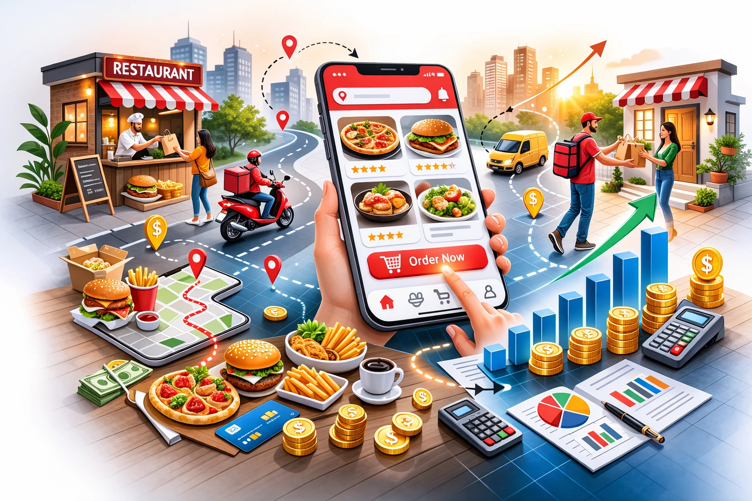 Creative illustration of a food delivery platform ecosystem showing digital ordering, delivery logistics, and revenue growth concept