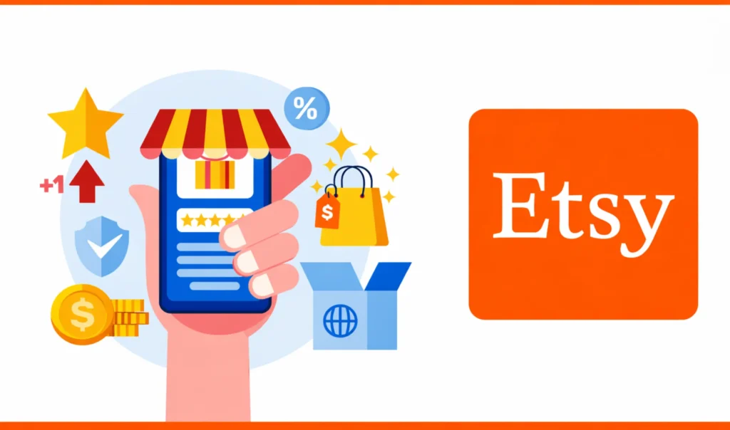 Illustration of a mobile marketplace app with security shield, ratings, shopping icons, and Etsy logo