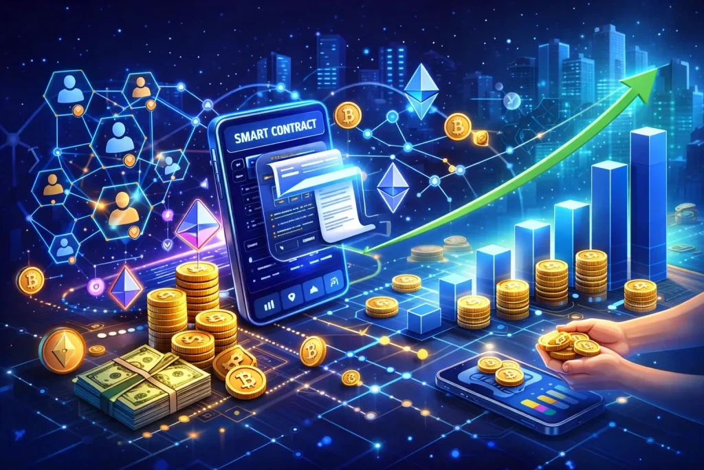 Futuristic blockchain ecosystem illustration representing decentralized smart contract revenue growth