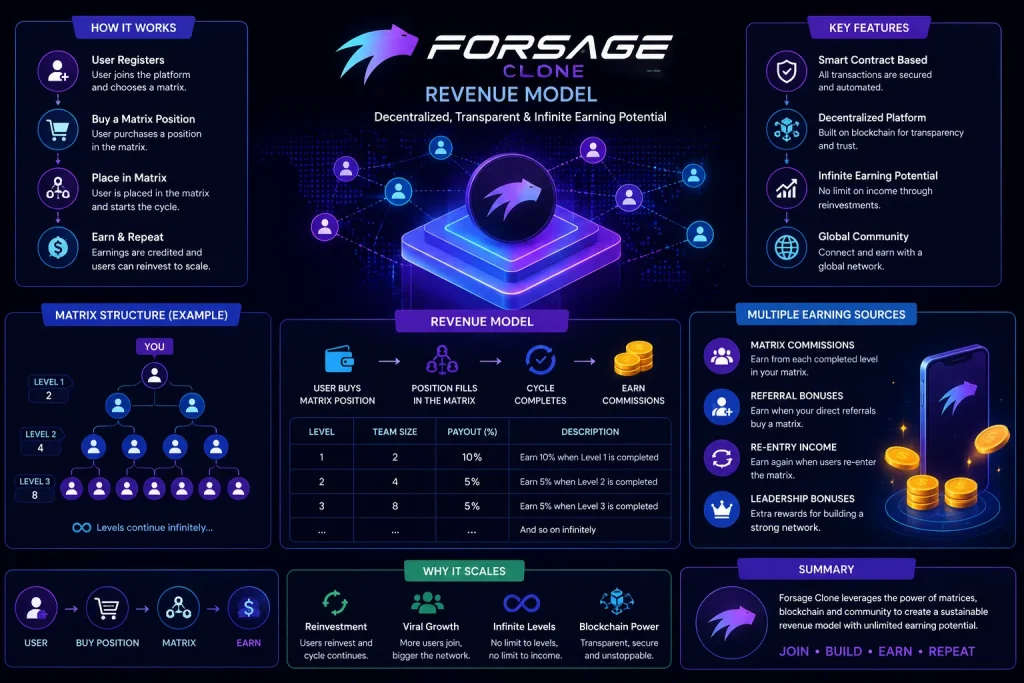 Forsage Revenue Model: How Forsage Makes Money in 2026 1 Forsage clone revenue model infographic showing matrix commissions, referral bonuses, reinvestment cycles, and blockchain-based earnings structure