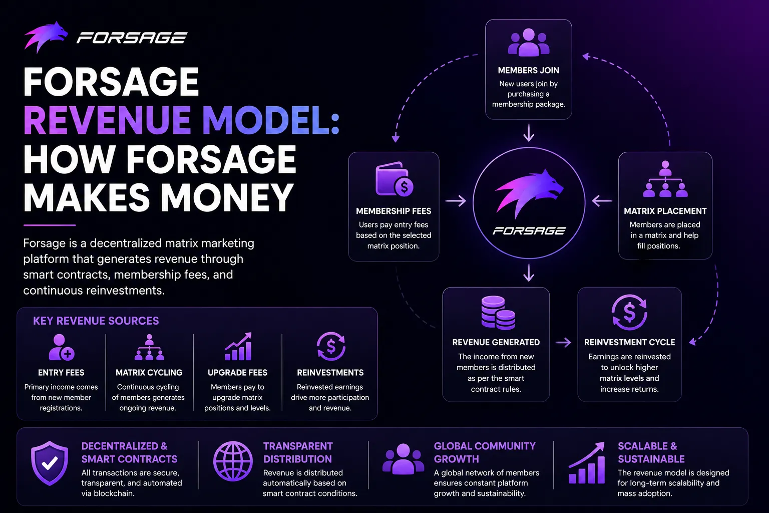 Forsage revenue model infographic showing membership fees, matrix placement, reinvestment cycles, and decentralized smart contract earnings
