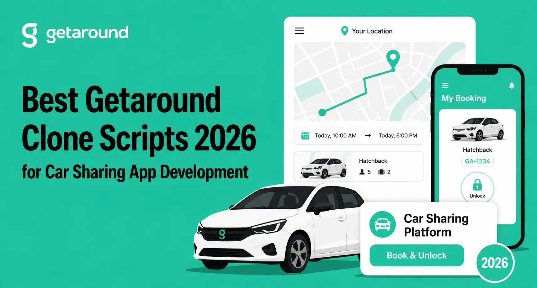 Getaround clone script featured image showing a car sharing platform with booking, location map, mobile app screen, and unlock feature for 2026.