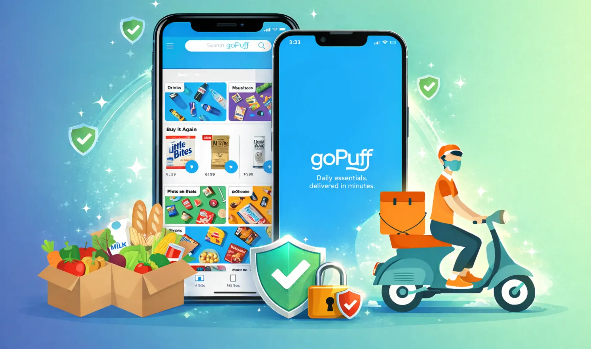 White-label GoPuff app security illustration with encrypted delivery app, secure grocery order, and protected payment system