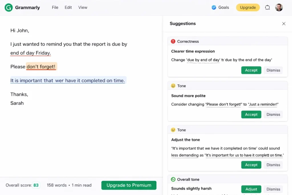 Grammarly editor reviewing an email draft, showing correctness and tone suggestions with Accept and Dismiss buttons.
