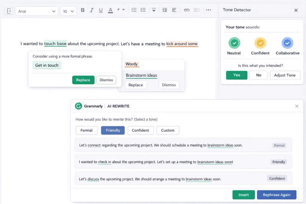 Grammarly editor showing tone detector (neutral, confident, collaborative) and AI Rewrite options with formal, friendly, and confident rewrites.