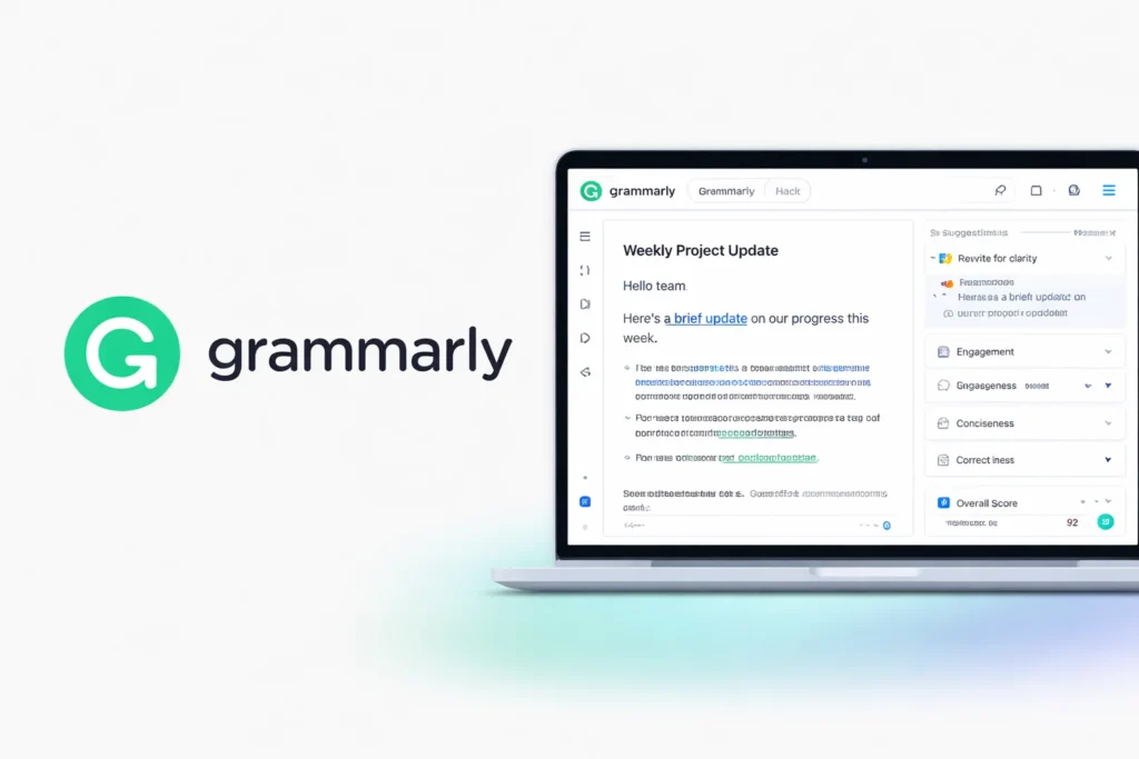 Grammarly writing assistant editor showing a “Weekly Project Update” with writing suggestions on the right panel.
