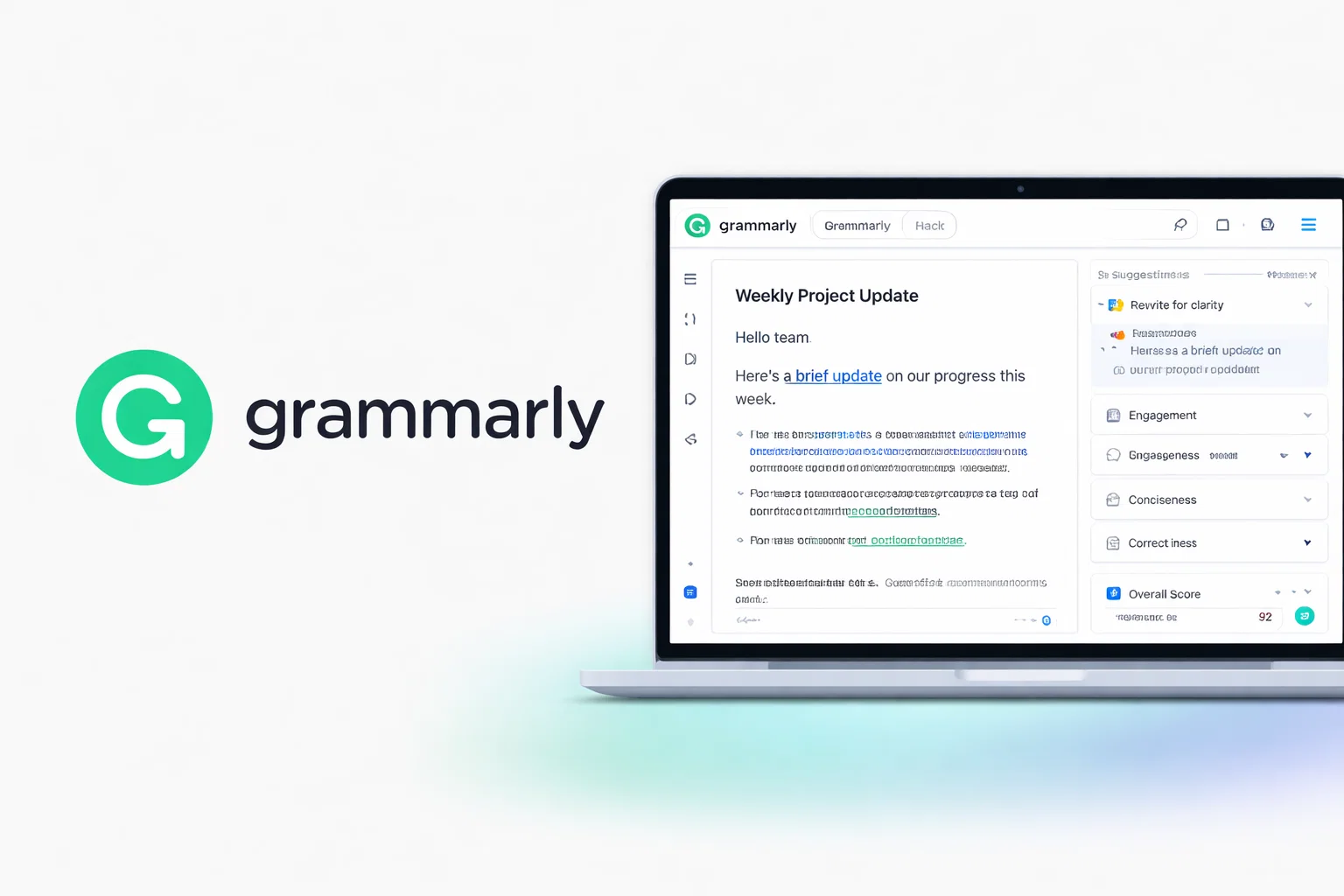 Grammarly writing assistant editor showing a “Weekly Project Update” with writing suggestions on the right panel.