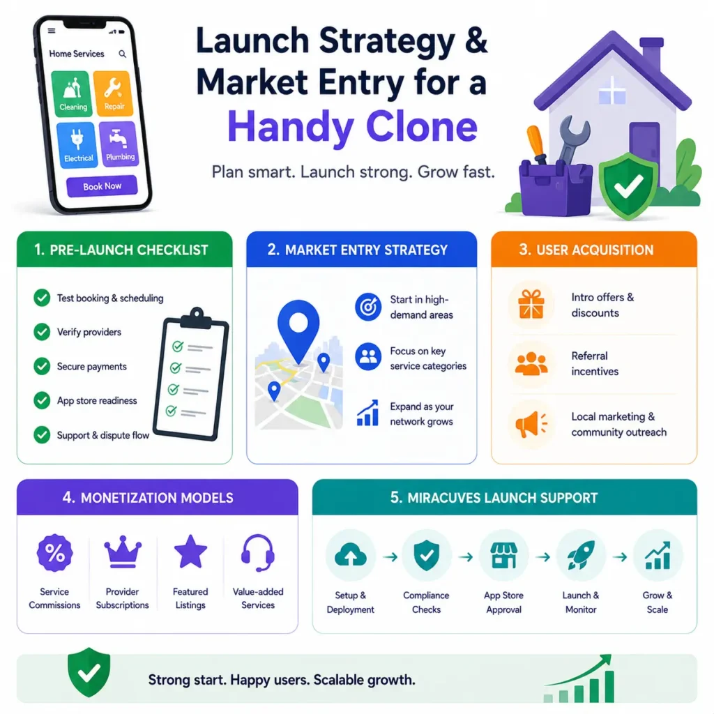 Handy clone launch strategy featuring market entry planning, user acquisition, monetization models, provider onboarding, and home services app growth