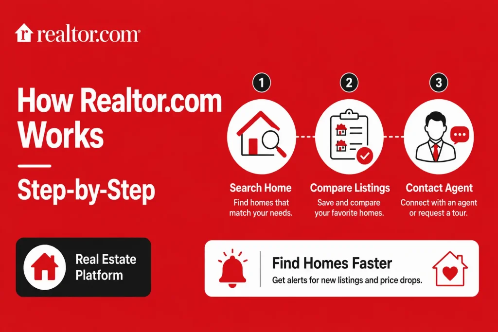 What is Realtor.com and How Does It Work? 1 Featured image explaining how Realtor.com works through home search, listing comparison, agent contact, alerts, saved homes, and real estate platform navigation.