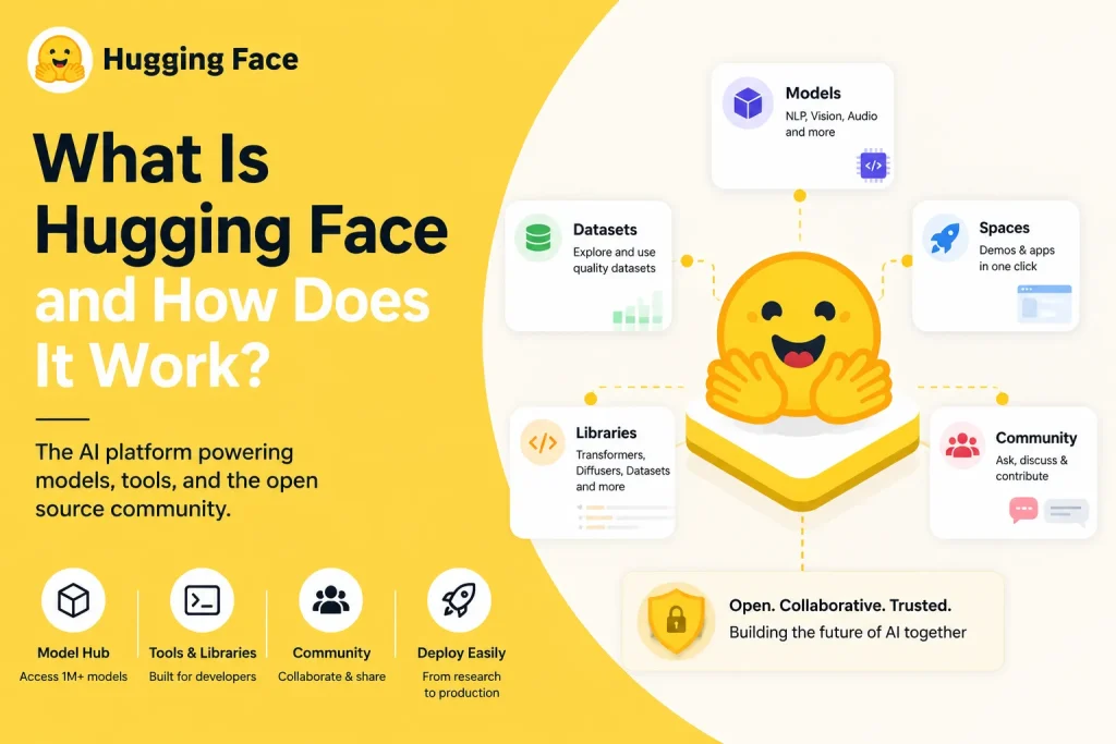 Featured image explaining Hugging Face with model hub, datasets, libraries, spaces, community, and AI deployment tools in a yellow open-source AI design.