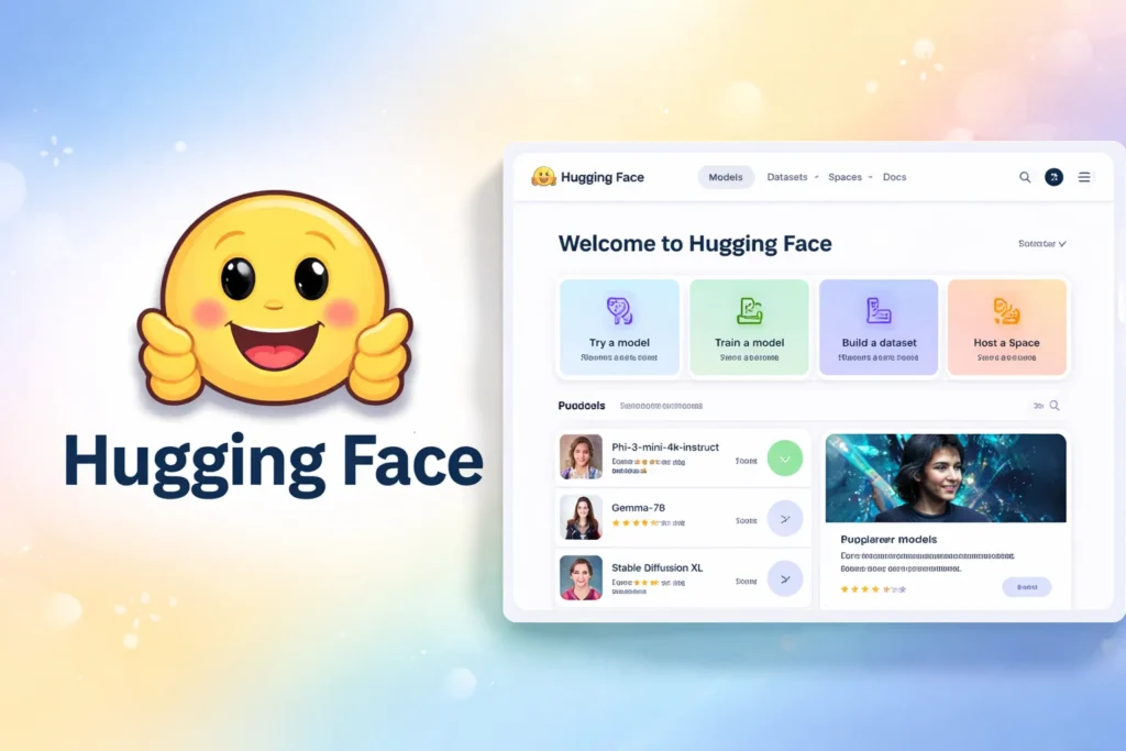 Hugging Face landing page showing “Welcome to Hugging Face” with options to try/train a model, build a dataset, and host a Space, alongside the Hugging Face logo and mascot.