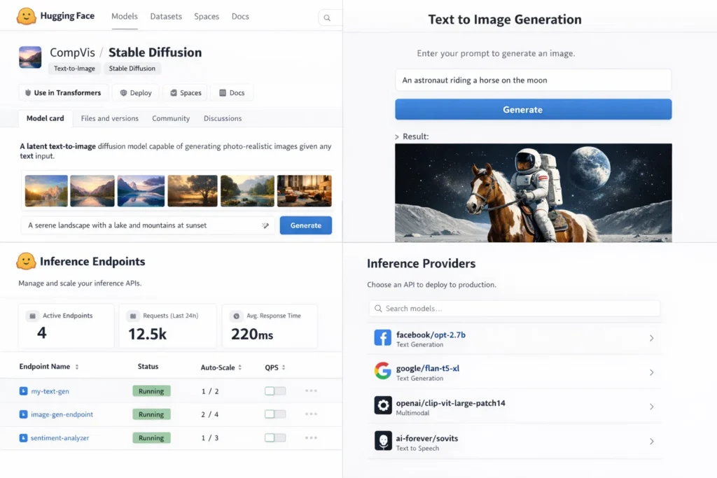 Hugging Face interface showing the Stable Diffusion model page, a “Text to Image Generation” prompt-to-image result (astronaut riding a horse on the moon), plus Inference Endpoints metrics and a list of Inference Providers.